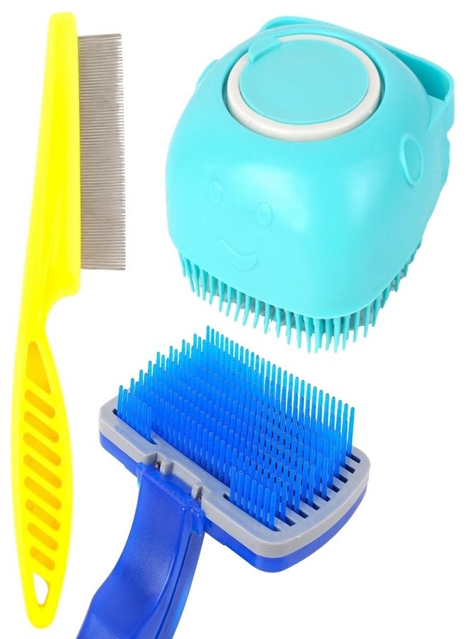 مجموعة فرش تنظيف الحيوانات الأليفة، مجموعة فرش للكلاب من 3 قطع بشعيرات ناعمة، أزرق وأصفر، للكلاب (عبوة من 3 قطع) - Image 1